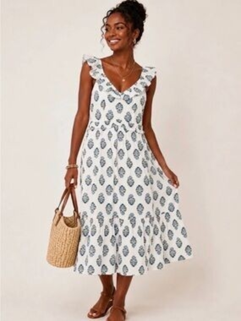 J.CREW White Floral Ruffle Dress with Blue and Yellow Print, SIZE 6